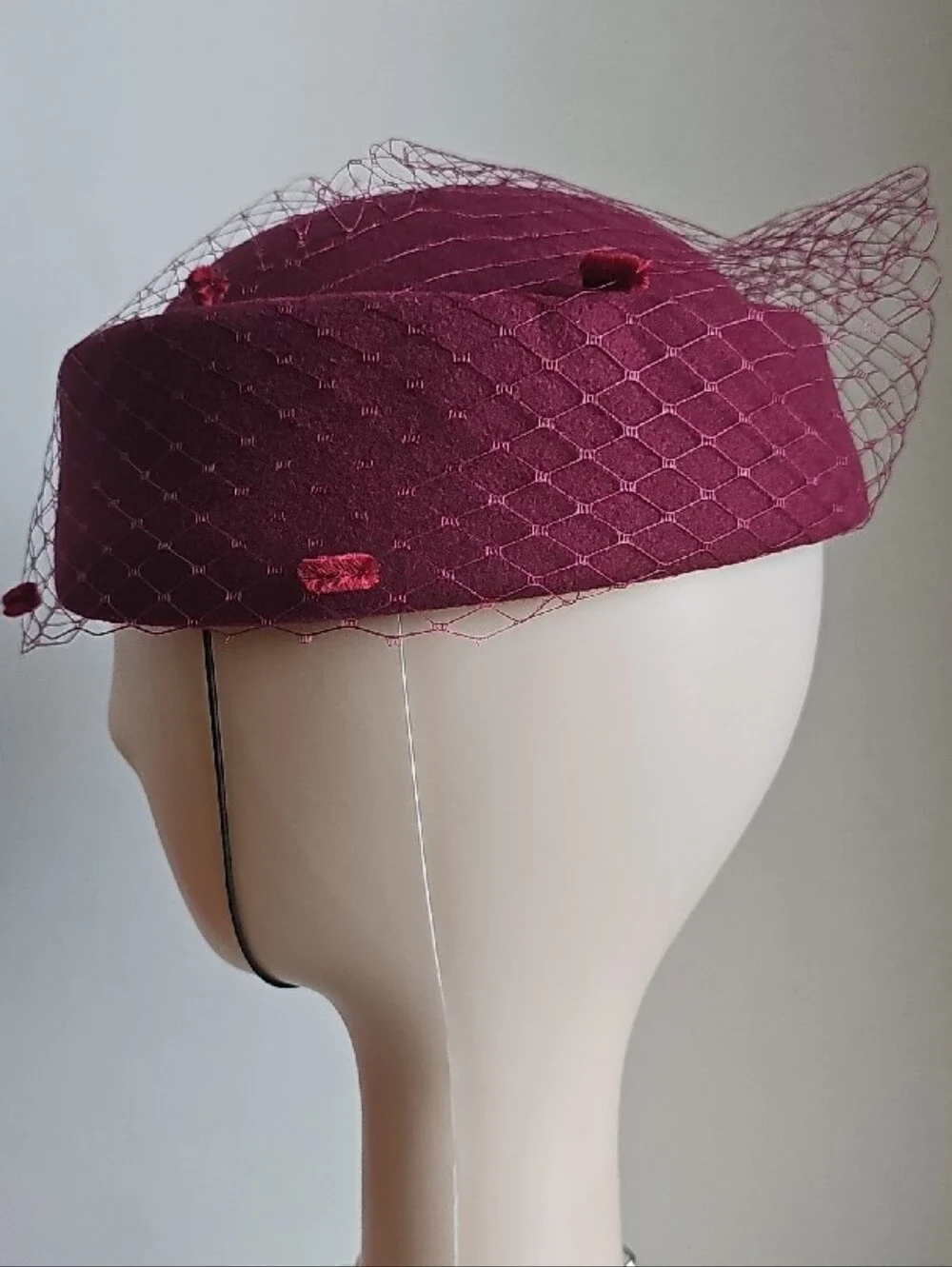 Beloved Millinery Beautiful Burgundy Dotted Veil British Style Pillbox Hat w/Bow